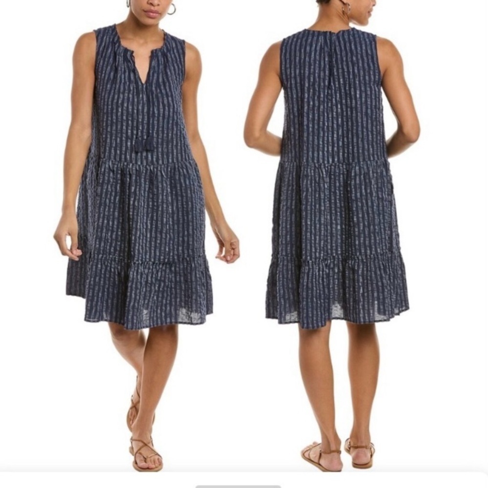 J. McLaughlin Navy Sleeveless Tiered Midi Dress with White Stripe - Picture 1 of 10